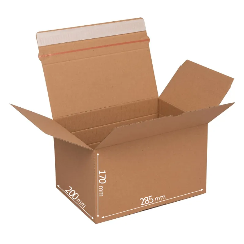 Zásielková krabica s lepiacou a otváracou páskou s automatickým dnom 285x200x170 mm