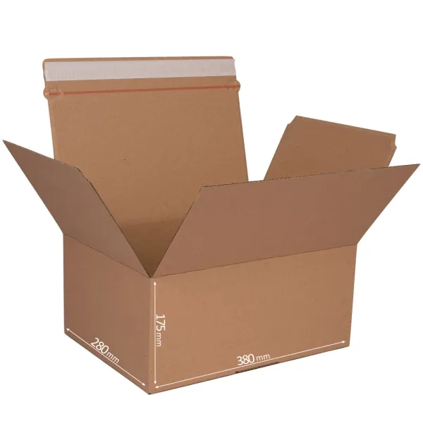 Zásielková krabica s lepiacou a otváracou páskou s automatickým dnom 380x280x175 mm
